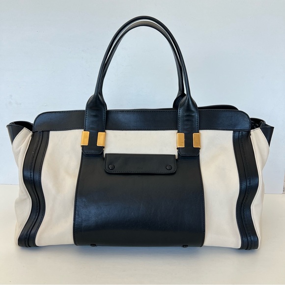 CHLOE Alicia Black Cream Leather Gold Hardware Extra Large Duffel Tote Satchel - Picture 4 of 16
